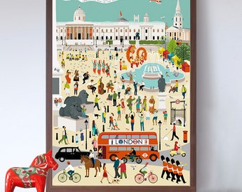 Out and About in London - Trafalgar Square A2 Art Print