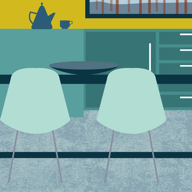 Modern Mid-Century Vintage Style Dining Room Interior Digital Art Print image 3