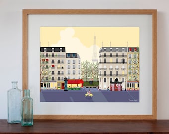 Paris Street Scene Vintage Style Art Print - Dawn or Dusk