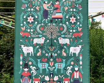 Tea Towel 100% Cotton In Dark Green - Welsh Folk Art Design