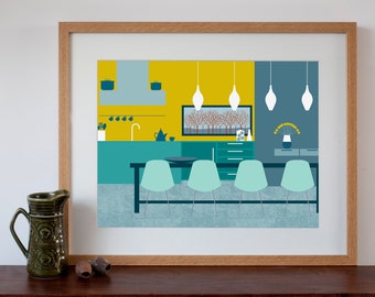 Modern Mid-Century Vintage Style Dining Room Interior - Digital Art Print