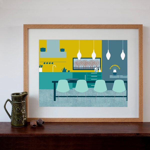 Modern Mid-Century Vintage Style Dining Room Interior - Digital Art Print