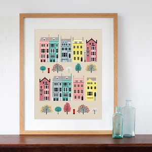 London Row Houses Vintage Style Pastel Art Print image 1