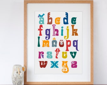 Stylised Lettering Hand Drawn Alphabet Poster ABC Folk Art Style