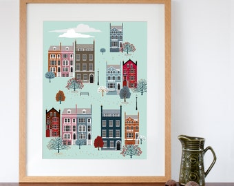 London Row Houses in Fall / Autumn Art Print Vintage Style