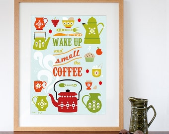 Wake Up and Smell the Coffee Retro Scandi Style Art Print