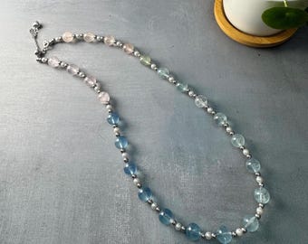 Gradient Natural Aquamarine Freshwater Pearl Necklace with Sterling Silver Beads & Heart Sliding Clasp(Adjustable 42 to 47cm)