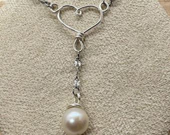 Pearl Lariat Y Necklace with heart