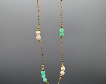 Handmade Gold Necklace with Australian Chrysoprase and Pearls - Adjustable (62-67cm)