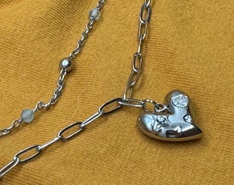 Double Layer Heart  Necklace with Aquamarine strand and a paper clip layer.