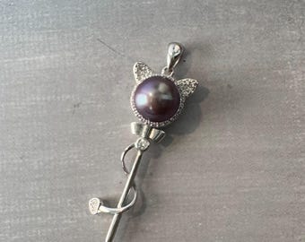 Cute Cat Pearl Pendant – Sterling Silver & Demon Purple Freshwater Pearl with CZ Accents