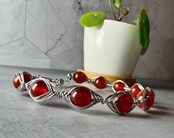 Carnelian Wire-Wrapped Bracelet | Rhodium-Plated S925 Sterling Silver | Adjustable Handmade Jewelry