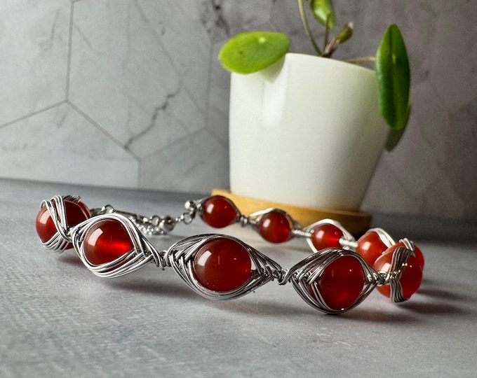 Featured listing image: Carnelian Wire-Wrapped Bracelet | Rhodium-Plated S925 Sterling Silver | Adjustable Handmade Jewelry