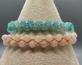Beaded Pale Amazonite or Morganite Handmade Bracelet 15-20cm Length