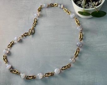 Blue Lace Agate Necklace – Stainless Steel 18K Gold PVD Chain Jewelry