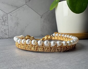 Intricately Woven High Luster Pearl Bracelet – 18k Gold Plated, Handmade with Fine Wire, 12+ Hour Build