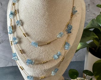 Three-Layer Aquamarine Chip Bead Necklace – 18K Gold PVD Stainless Steel Chain – Adjustable Summer Beachy Layered Necklace
