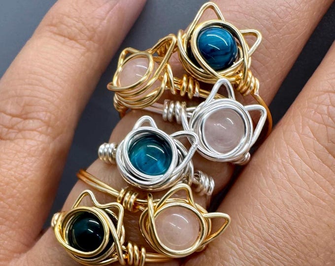 Featured listing image: Cat Blue Tigers Eye or Pink Quartz Wire Wrapped Ring