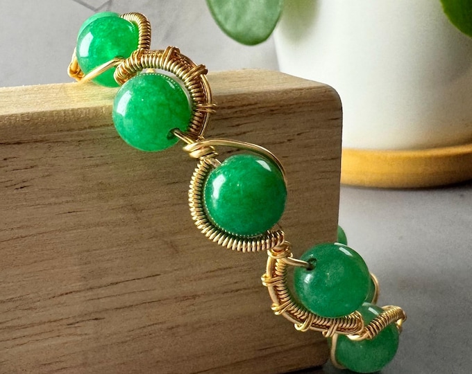 Featured listing image: Wire Wrapped Jadeite Bracelet – 18K Gold Plated, Handcrafted Green Gemstone Statement Jewelry