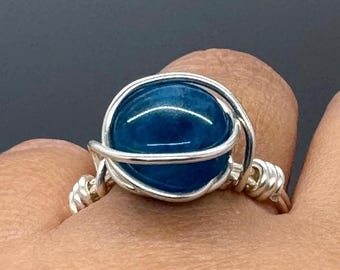 Silver Wired Wrap Blue Apatite Ring US9