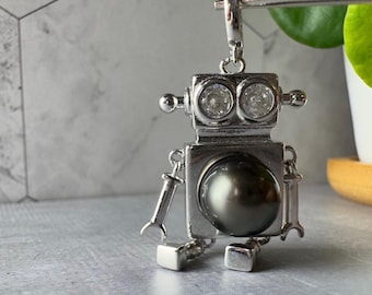 Certified Genuine Tahitian Black Pearl Robot Pendant with CZ eyes