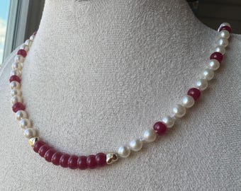 Ruby, Natural Pearls and Gold Hearts Necklace