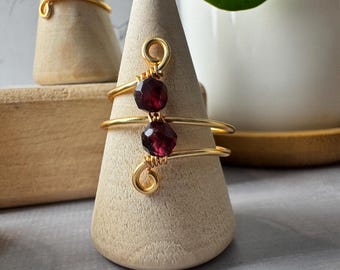 18K Gold Plated Spiral Wire-Wrapped Ring with Two Faceted Garnet Beads - Minimalist Jewelry