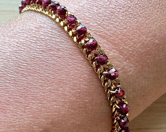 Double Cuban Chain with Garnet Gemstones (15cm to 20cm adjustable)