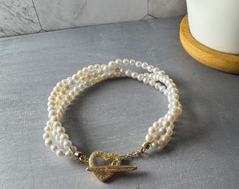 Petite Triple Strand Pearl Bracelet – Braided 3mm Pearls with Heart Toggle Clasp, 18K Gold Plated S925, Fits 15cm Wrist