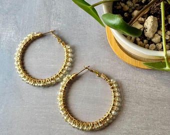 Prehnite Crystal Hoop Earrings – 18K Gold PVD Stainless Steel, Hand-Wrapped with Gold-Plated Wire, 65 mm
