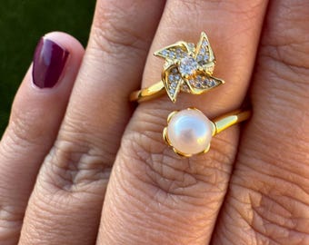 Windmill Fidget Ring with Saltwater Akoya Pearl 6-7mm in 18K Plated Gold or Silver