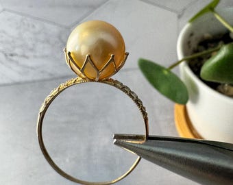 South Sea Golden Pearl Ring – 18K Solid Gold, Lotus Setting, Diamond Accents, Certified, Size US 7.5