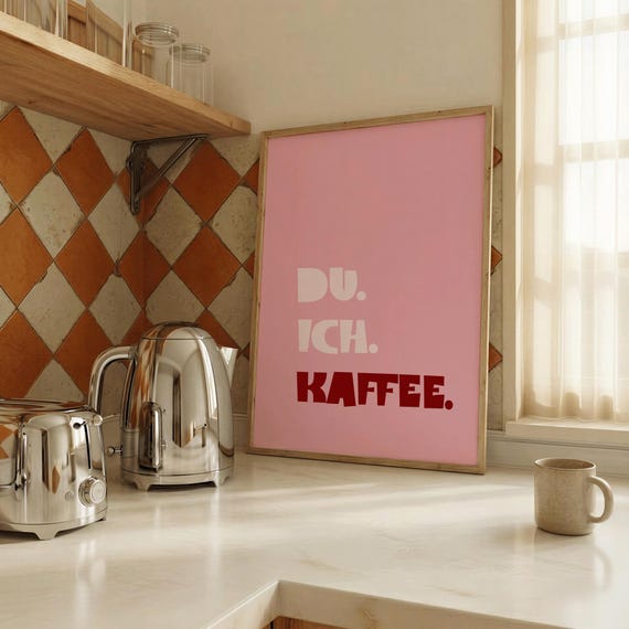 German Coffee Poster – Du Ich Kaffee Typography Print, Minimalist Pink Kitchen Art