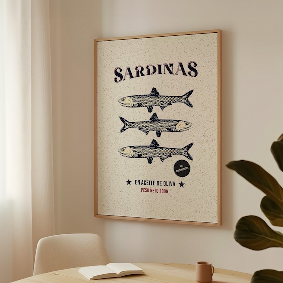 Vintage Sardine Poster – Spanish Coastal Wall Art, Mediterranean Kitchen Print