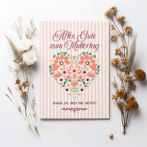 Biglietto d'auguri per la festa della mamma con cuore floreale - Elegante biglietto d'auguri A6 di ispirazione vintage con busta, design a righe rosa per la mamma
