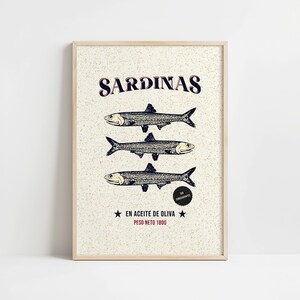 Vintage-style sardine poster with hand-drawn fish illustration, retro Spanish label typography, in aged cream, teal and rust tones.