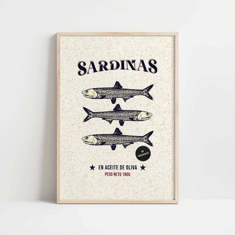 Vintage-style sardine poster with hand-drawn fish illustration, retro Spanish label typography, in aged cream, teal and rust tones.