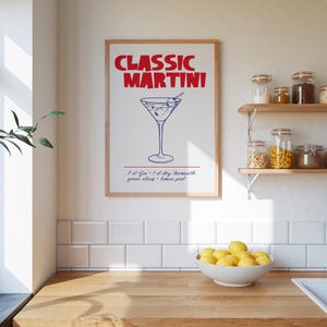 Póster de cóctel Martini clásico: arte mural retro para bar, impresión minimalista de recetas de bebidas, decoración de bar para el hogar, regalo para amantes de la ginebra y la coctelería.