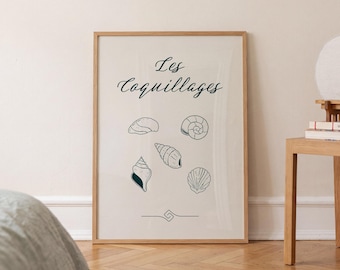 Blue Seashells Poster – French Coastal Print, Minimalist Nature Wall Art