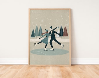 Eislaufen im Winter Poster – Midcentury Wandbild mit Paar, Vintage Weihnachts-Print