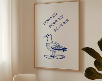 Pommes Seagull Poster – Blue Line Art Wall Print, Funny Minimalist Kitchen or Coastal Decor