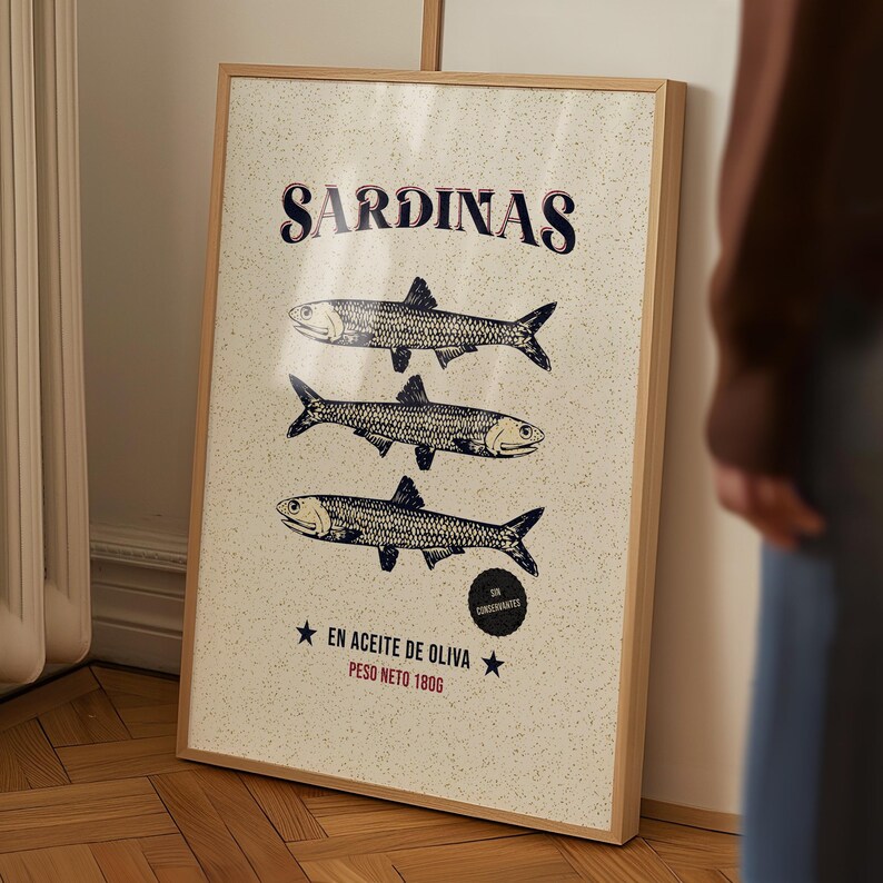 Vintage-style sardine poster with hand-drawn fish illustration, retro Spanish label typography, in aged cream, teal and rust tones.
