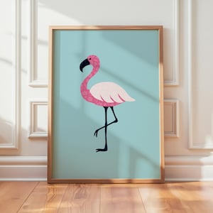 Pink Flamingo Poster – Tropical Wall Art with Blue Background, Summer Print