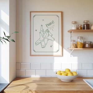 Plakat PROST Beer Cheers – minimalistyczna sztuka ścienna z butelki piwa w stylu vintage, niemiecka dekoracja kuchni lub baru
