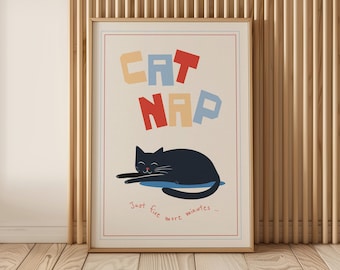 Cat Nap Poster – Sleeping Black Cat with Colorful Typography, Playful Minimalist Wall Art