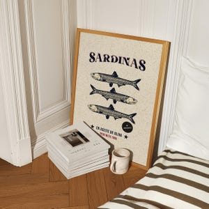 Vintage-style sardine poster with hand-drawn fish illustration, retro Spanish label typography, in aged cream, teal and rust tones.