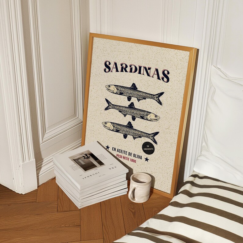 Vintage-style sardine poster with hand-drawn fish illustration, retro Spanish label typography, in aged cream, teal and rust tones.