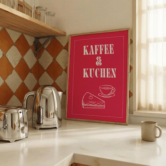 Kaffee & Kuchen Poster – Retro Pink Kitchen Print, German Typography Wall Art