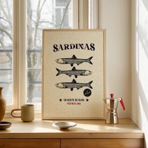 Vintage-style sardine poster with hand-drawn fish illustration, retro Spanish label typography, in aged cream, teal and rust tones.