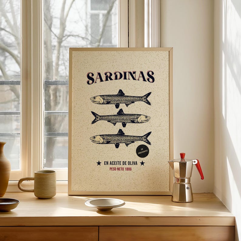 Vintage-style sardine poster with hand-drawn fish illustration, retro Spanish label typography, in aged cream, teal and rust tones.